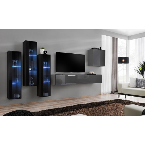 Designer Grau Wohnwand TV Ständer Komplett Hochglanz Sideboard Wand Schrank von Xl Moebel