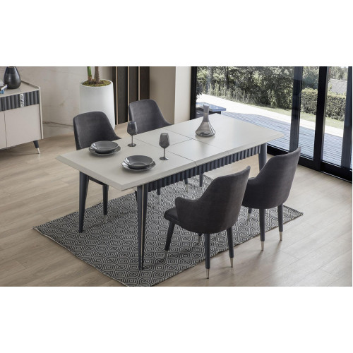 Designer Rechteckiger Weißer Esstisch 6x Graue Polster Stühle 7tlg. Set von Xl Moebel