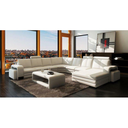 Ecksofa U-Form + 2x Hocker + Couchtisch Couch Design Grau Polster Leder von Xl Moebel