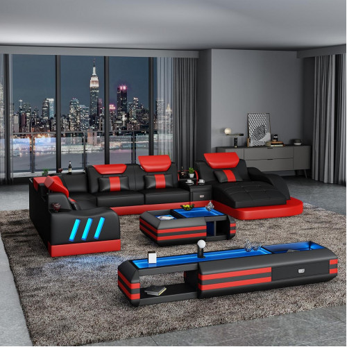 Ecksofa U-Form Sideboard Couchtisch Couch Design Grau Polster Leder Modern 3tlg. von Xl Moebel