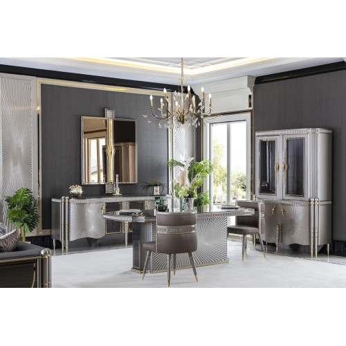 Esszimmer Set Grau Esstisch Luxus 4x Stühle Anrichte Spiegel Vitrine Luxus 8tlg. von Xl Moebel