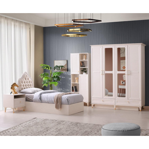 Jugendzimmer-Set 4tlg Bett Nachttisch Kleiderschrank Bücherregal Beige Einfarbig von Xl Moebel