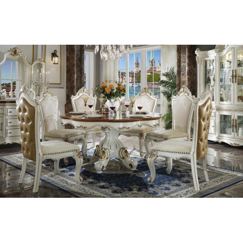 Klassische Weiß-Braune Esszimmer Garnitur Runder Holz Esstisch mit Chesterfield Stühlen 5tlg. Set von Xl Moebel