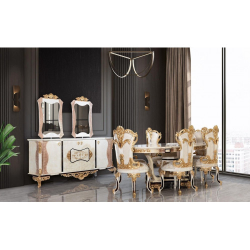 Luxus Esszimmer Set 9 tlg. Esstisch + 6x Stühle + Anrichte mit Spiegel weiß Neu von Xl Moebel
