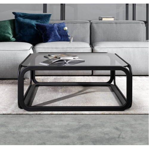 Rechteckiger Couchtisch aus Glas mit modernem Holzllgestell in Wohnzimmer von Xl Moebel