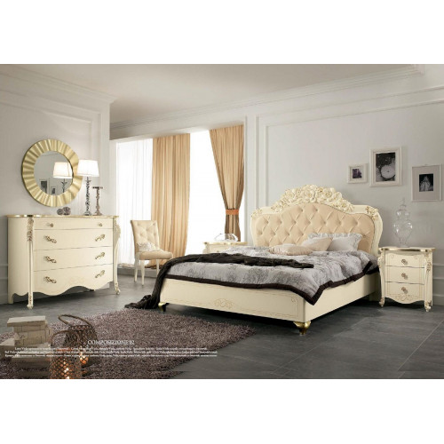 Schlafzimmer Set Beige Schlafzimmer Bett Nachttisch Kommode Spiegel Stuhl 6tlg. von Xl Moebel