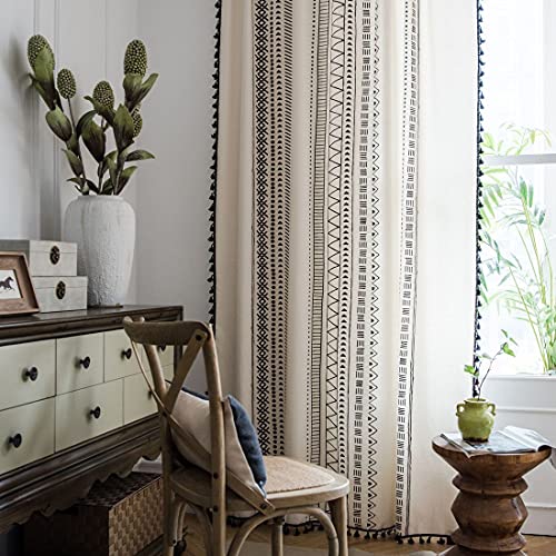 Xlabor Boho Vintage Gardinen mit Quaste Halbverdunkelungsvorhänge mit Ösen Baumwolle Leinen Dekoschal für Wohnzimmer Schlafzimmer 1er-Pack Motiv-A 150 x 260 cm von Xlabor