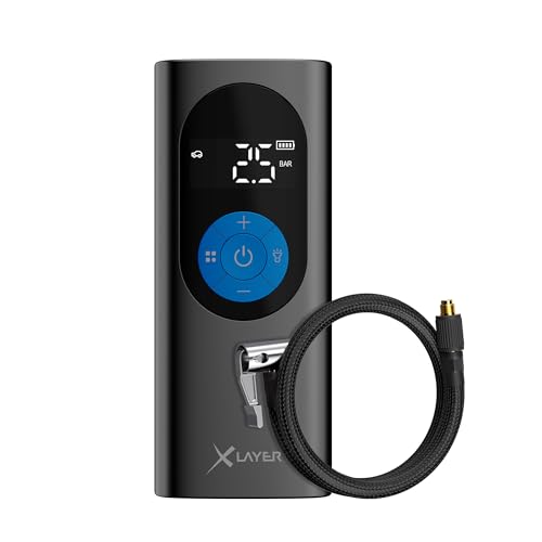XLayer Elektrische Luftpumpe mit 6.000 mAh | Mobiler Akkukompressor für Auto, Fahrrad, Motorrad, Luftbett und Bälle | LED Taschenlampe | Tragbar | LCD Display |2.0 10.0 bar Black/Blue von Xlayer