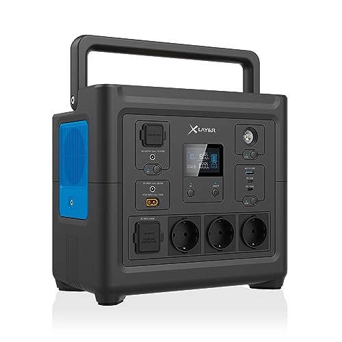 XLayer Powerstation 1000W I 835Wh I tragbare Powerstation I LiFePO4 I Stromgenerator I Mobile Stromversorgung I 8 Anschlüsse I 230V Steckdose I USB-C 100W PD I für Camping, Reisen Outdoor von Xlayer