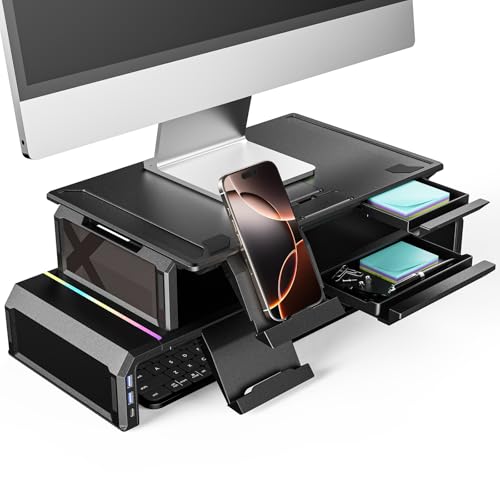 Dual Monitorständer für PC Computer Laptop Printer, X-Central Faltbar Monitor Riser für 2 Monitore, Desktop-Organizer mit Schublade, USB 3.0 Hub für Datentransfer und Aufladen, RGB Licht, Tastatur von Xlayout