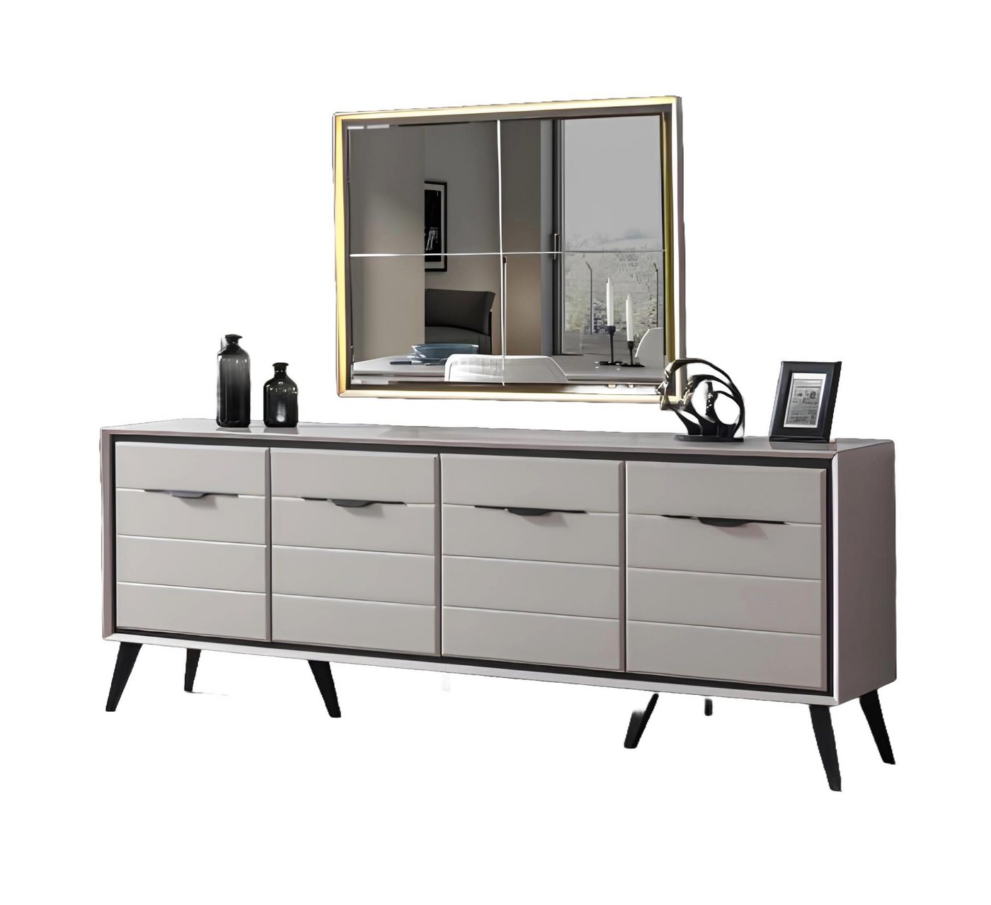 Xlmoebel Anrichte Designer Anrichte mit Luxus Glas Spiegel in Weiß und vier Türen für (2 St., 2tlg.Esszimmer Set (Anrichte+Spiegel), Hergestellt in Europa von Xlmoebel