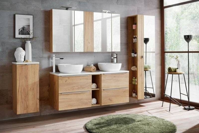 Xlmoebel Badezimmer-Set Design Badezimmer Einrichtung Bad 6 teiliges Set Möbelstück Schrank, (2x Schränke + 2x Waschtische + Schrank mit Wäschekorb + Schrank mit Spiegel, 6-St), Hergestellt in Europa von Xlmoebel
