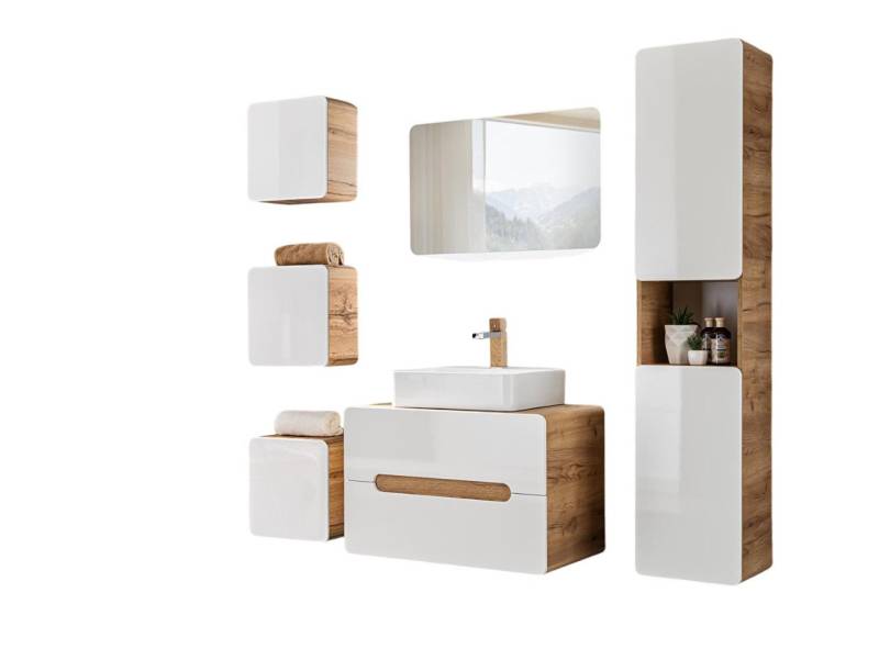 Xlmoebel Badezimmer-Set Gestalte Badezimmermöbel Set 6tlg. mit modernem Waschbecken, (6-St., Waschtisch + 4x Schränke + Spiegel), Hergestellt in Europa von Xlmoebel