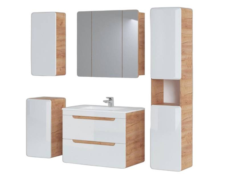 Xlmoebel Badezimmer-Set Gestaltung Badezimmermöbel 5-teiliges Set mit Beleuchtung, (5-St., Waschtisch + 3x Schränke + Spiegel), Hergestellt in Europa von Xlmoebel
