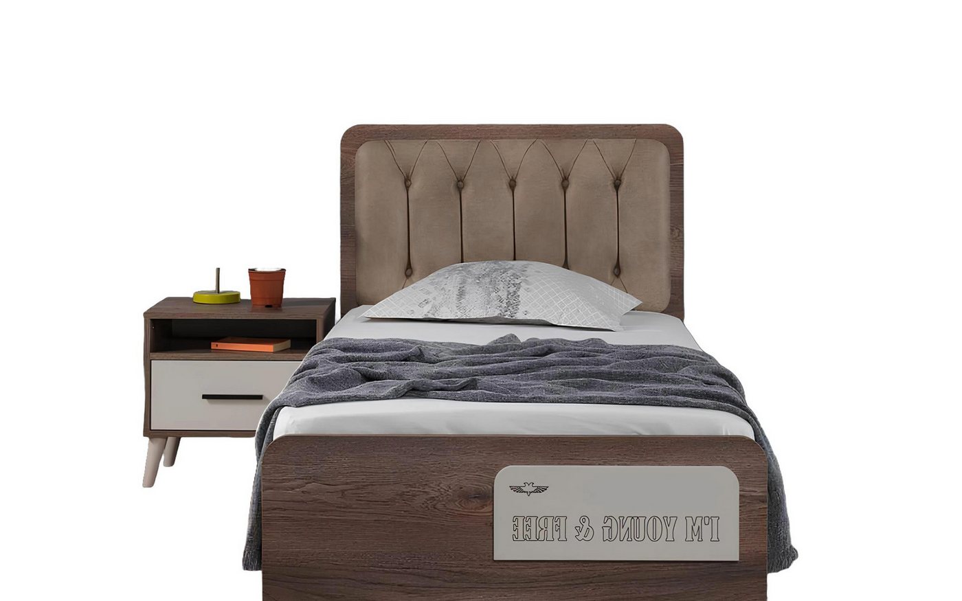 Xlmoebel Bett Braunes Kinderzimmer Einzelbett mit Designer-Holz-Nachttisch (2tlg.Kinderzimmer Set (Bett+Nachttisch), Hergestellt in Europa von Xlmoebel