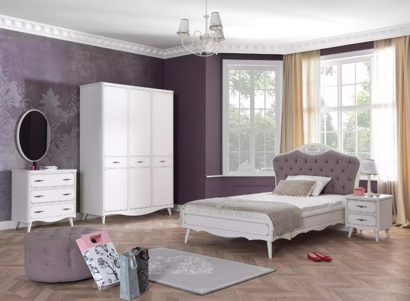 Xlmoebel Bett Chesterfield Jugendbett Bett 120 cm Kinderzimmer Set 5tlg Grau Stoff (5-tlg), Hergestellt in Europa von Xlmoebel