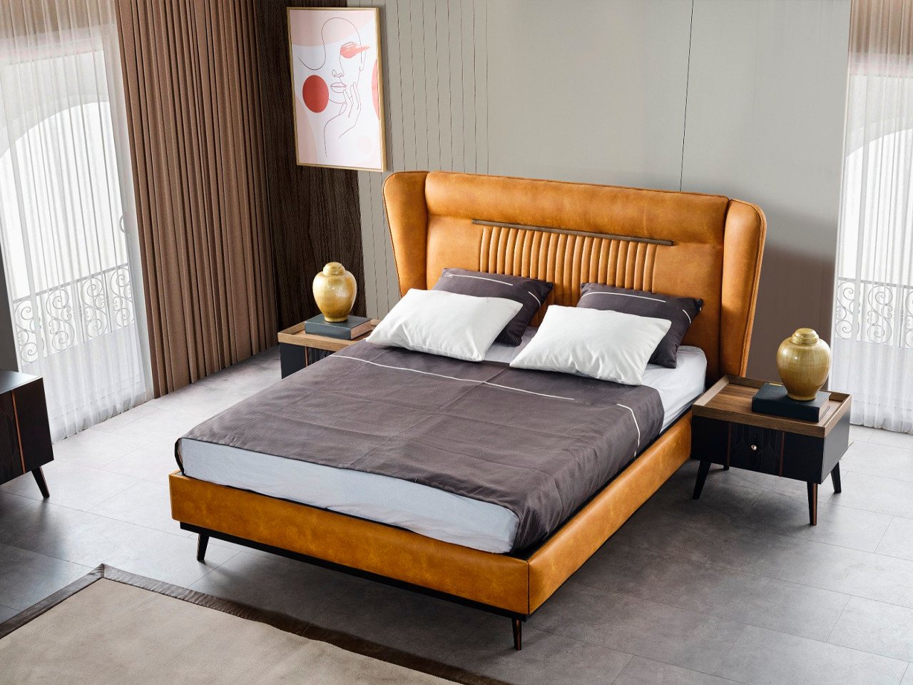 Xlmoebel Bett Design Bett in Orange Modernes Modell mit Beinen aus Holz SOFORT (Bett), Hergestellt in Europa von Xlmoebel