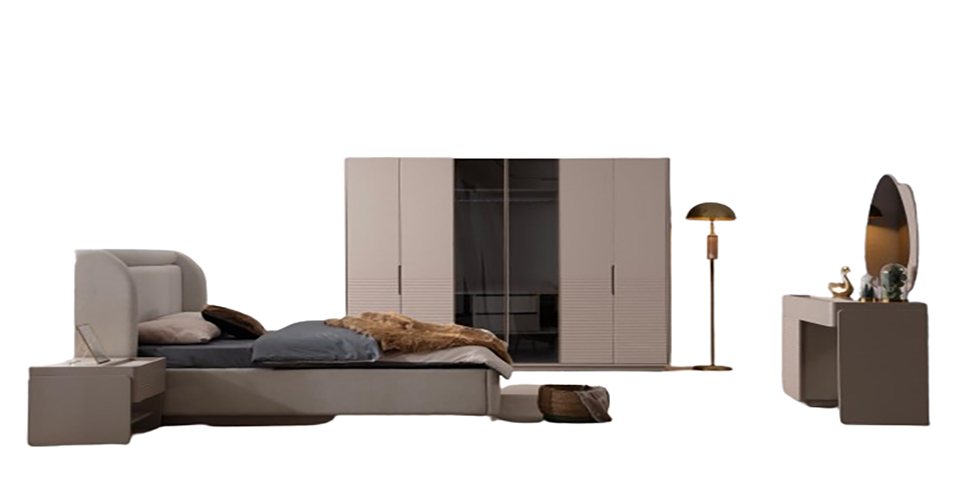 Xlmoebel Komplettschlafzimmer Designer Schlafzimmer Set in Beige mit Bett, 2 Nachttischen, (5-tlg., Bett + 2x Nachttische + Kleiderschrank + Schminktisch), Hergestellt in Europa von Xlmoebel