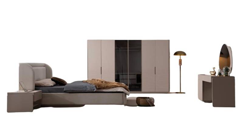 Xlmoebel Komplettschlafzimmer Designer Schlafzimmer Set in Beige mit Bett, 2 Nachttischen, (5-tlg., Bett + 2x Nachttische + Kleiderschrank + Schminktisch), Hergestellt in Europa von Xlmoebel