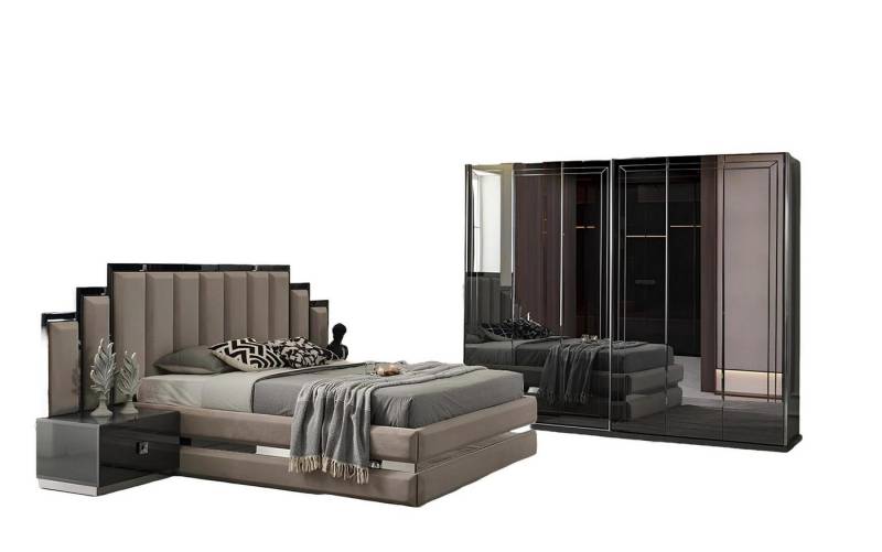 Xlmoebel Bett Hellgrauer Schlafzimmer-Set mit Doppelbetten Nachttischen (4tlg.Schlafzimmer Set(Bett+2x Nachttische+Kleiderschrank), Hergestellt in Europa von Xlmoebel