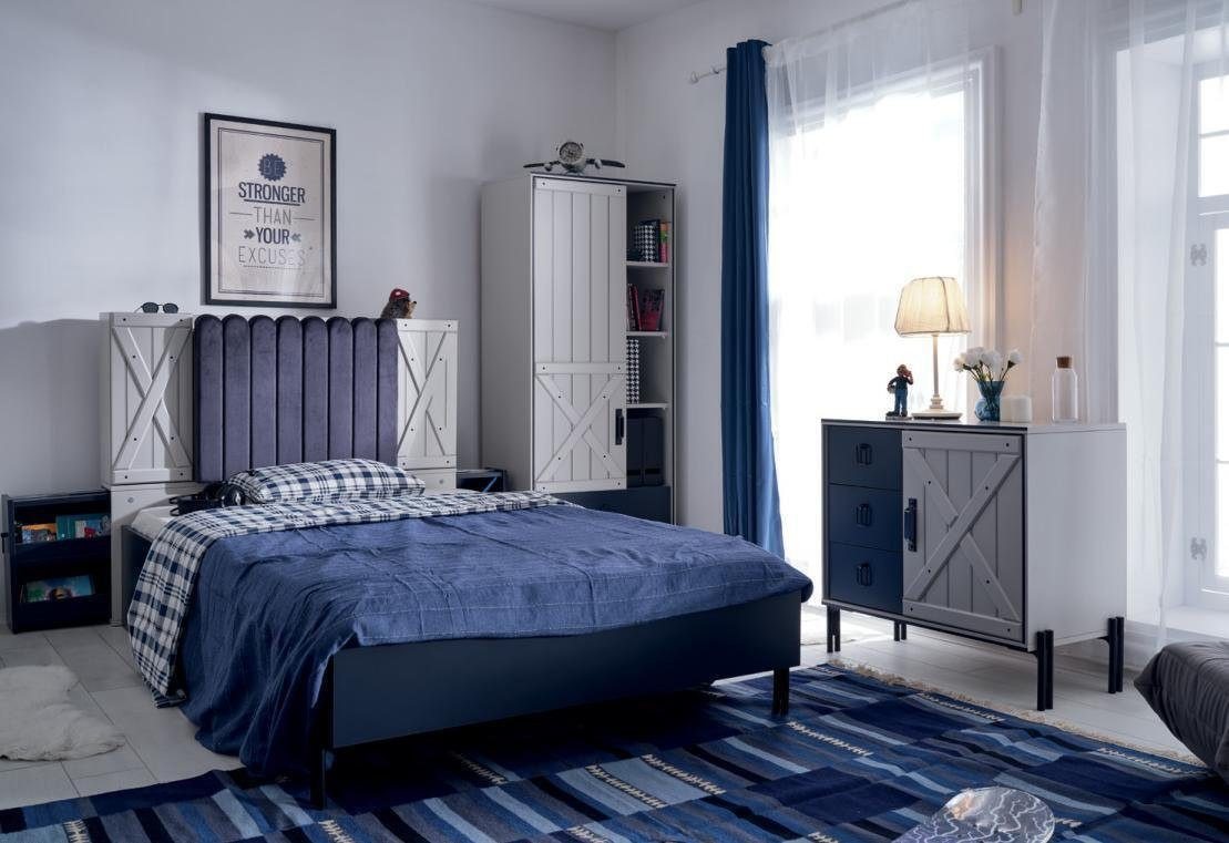 Xlmoebel Bett Neues dreiteiliges Schlafzimmer-Set in luxuriösem modernem Blau mit (3tlg Schlafzimmer Set(Bett + Kommode + Bücherregal), Hergestellt in Europa von Xlmoebel
