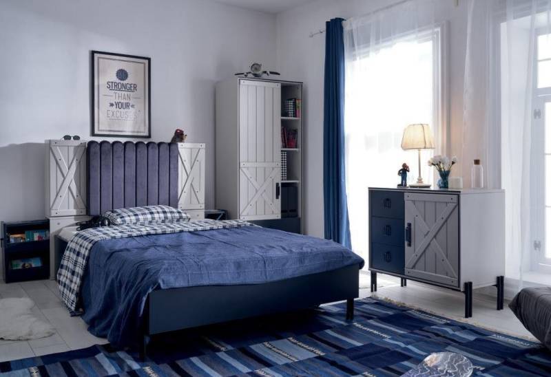 Xlmoebel Bett Neues dreiteiliges Schlafzimmer-Set in luxuriösem modernem Blau mit (3tlg Schlafzimmer Set(Bett + Kommode + Bücherregal), Hergestellt in Europa von Xlmoebel