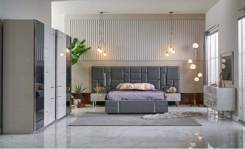 Xlmoebel Komplettschlafzimmer Rahmen für Bett im Schlafzimmer Doppelbett in Grau aus Holz-Set, (Bett/2x Nachttische/Kleiderschrank/Kommode/Spiegel), Hergestellt in Europa von Xlmoebel