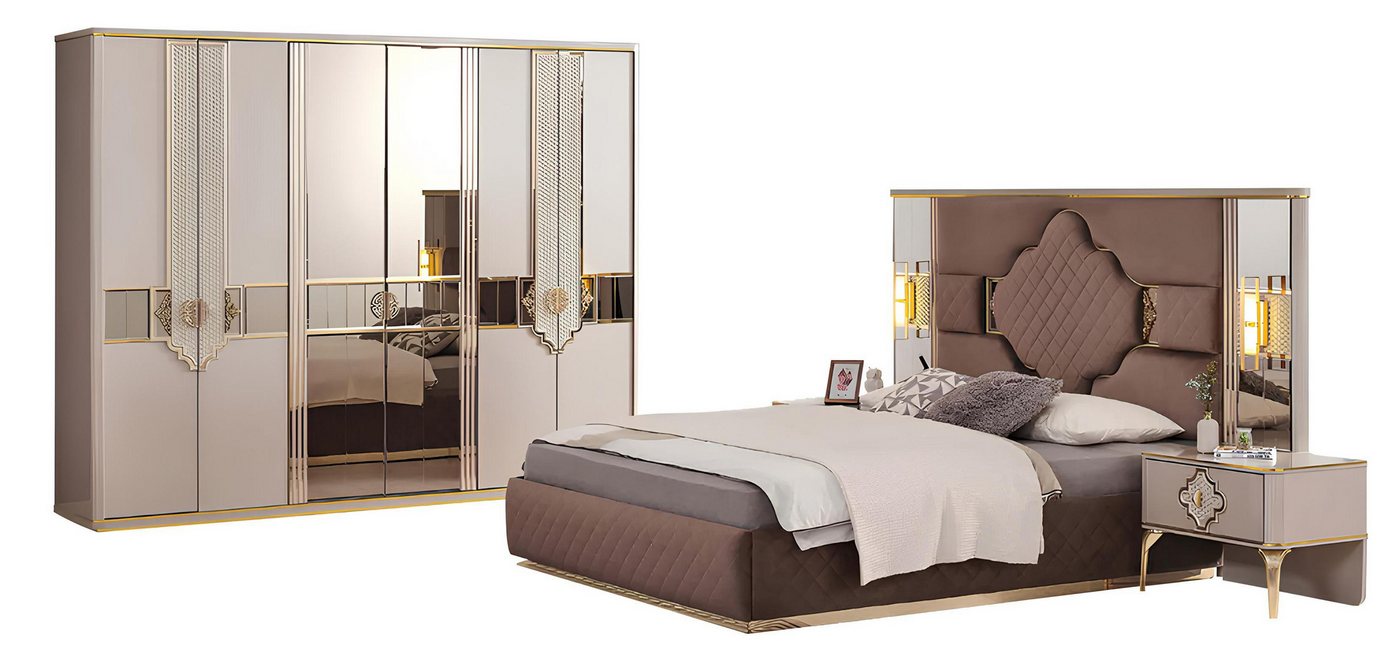 Xlmoebel Schlafzimmer-Set Polsterbett in Braun-Beige mit Kleiderschrank und Schlafzimmermöbel, (Set 4tlg Schlafzimmer (Bett + 2xNachttische + Kleiderschrank), Hergestellt in Europa von Xlmoebel