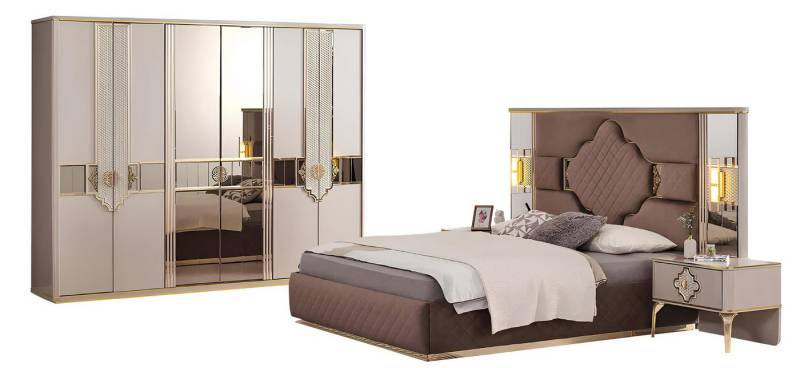 Xlmoebel Schlafzimmer-Set Polsterbett in Braun-Beige mit Kleiderschrank und Schlafzimmermöbel, (Set 4tlg Schlafzimmer (Bett + 2xNachttische + Kleiderschrank), Hergestellt in Europa von Xlmoebel