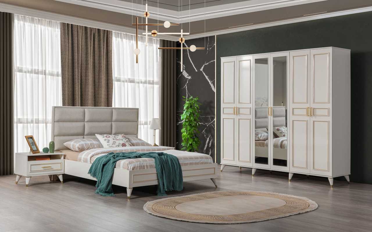 Xlmoebel Komplettschlafzimmer Schlafzimmermöbel Set in Weiß mit Holz-Glasschrank, Textil-Doppelbett, (4tlg.Schlafzimmer Set (Bett+2x Nachttische+Kleiderschrank), Hergestellt in Europa von Xlmoebel