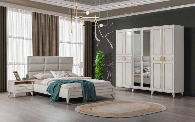 Xlmoebel Komplettschlafzimmer Schlafzimmermöbel Set in Weiß mit Holz-Glasschrank, Textil-Doppelbett, (4tlg.Schlafzimmer Set (Bett+2x Nachttische+Kleiderschrank), Hergestellt in Europa von Xlmoebel