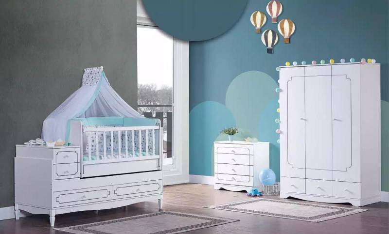 Xlmoebel Bett Weißes Babyzimmer Set mit Bett Schrank und Kommode (3tlg. Schlafzimmer Set (Kinderbett+Kleiderschrank+Kommode), Hergestellt in Europa von Xlmoebel