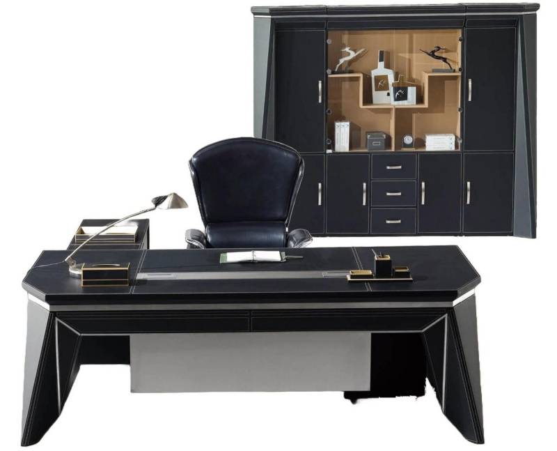 Xlmoebel Büro-Set Chef Büro Schreibtisch Tisch Design Schrank aus Leder und Holz, (Eckschreibtisch + Aktenschrank), Hergestellt in Europa von Xlmoebel