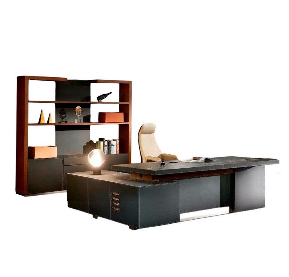 Xlmoebel Büro-Set Grau Eckschreibtisch Sessel Braun Schrank Modern, (2-tlg., Eckschreibtisch + Sessel + Schrank), Hergestellt in Europa von Xlmoebel