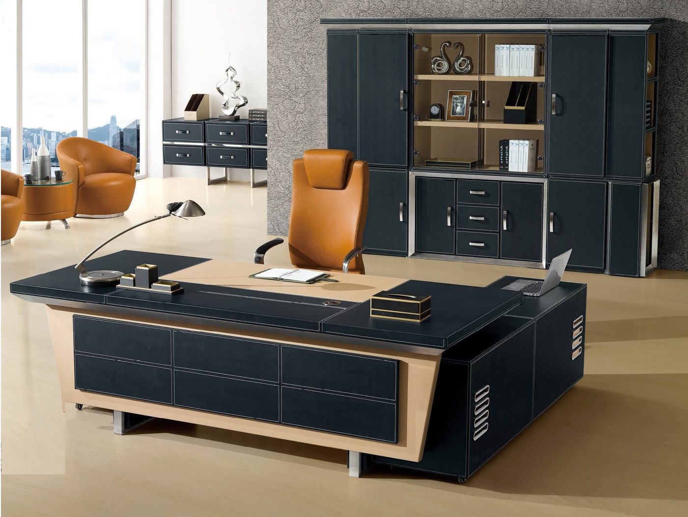 Xlmoebel Büro-Set Zweiteiliges Büromöbel-Set mit Schreibtisch, Leder-Holz-Design und, (Eckschreibtisch + Aktenschrank), Hergestellt in Europa von Xlmoebel