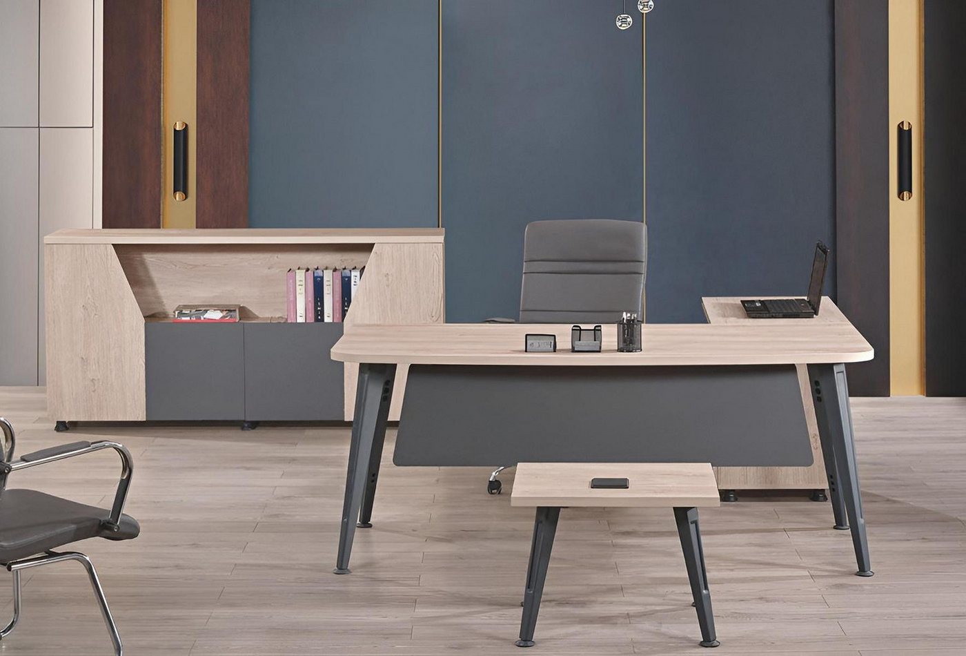 Xlmoebel Büromöbel-Set Eckbürotisch Holz Set in Grau bestehend aus Büromöbeln Arbeitstisch, (Büro Set 3tlg (Eckbürotisch + Couchtisch + Schrank), Hergestellt in Europa von Xlmoebel