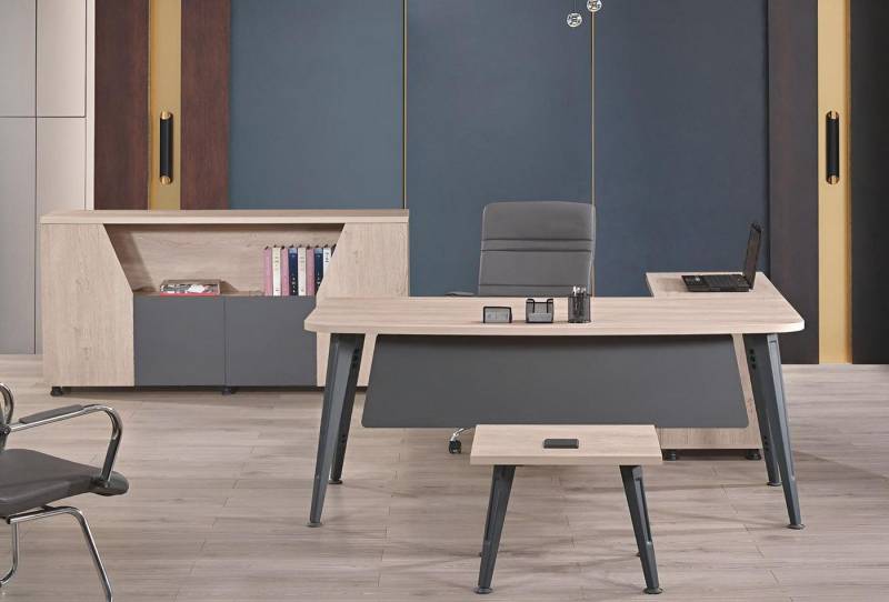 Xlmoebel Büromöbel-Set Eckbürotisch Holz Set in Grau bestehend aus Büromöbeln Arbeitstisch, (Büro Set 3tlg (Eckbürotisch + Couchtisch + Schrank), Hergestellt in Europa von Xlmoebel
