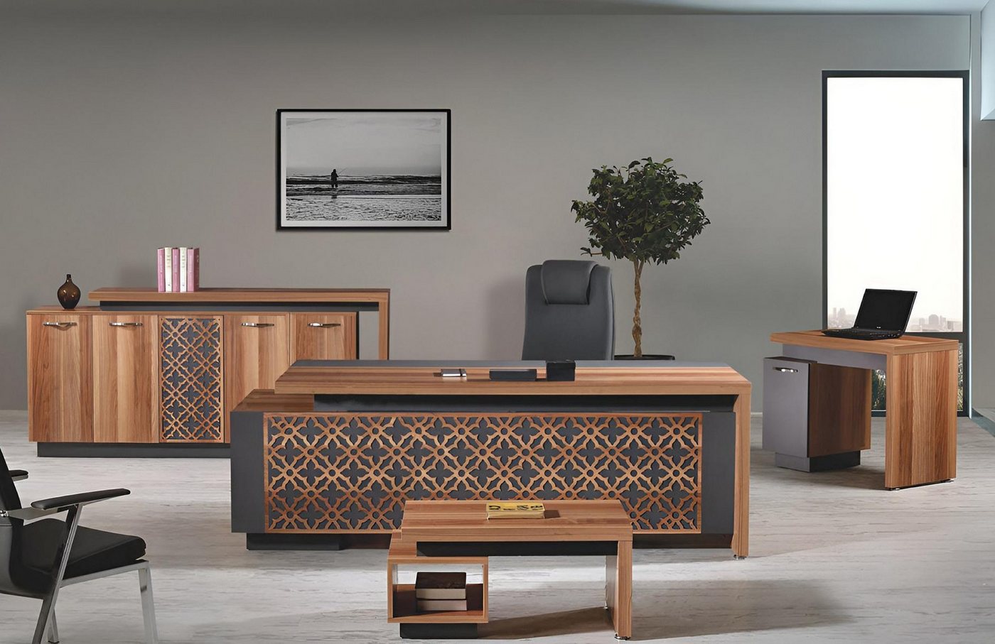 Xlmoebel Büromöbel-Set Schreibtisch-Set aus Holz in Braun für das Büro, bestehend aus 4tlg, (4-tlg., Büro Set 4tlg (Bürotisch + Tisch + Couchtisch + Kommode), Hergestellt in Europa von Xlmoebel