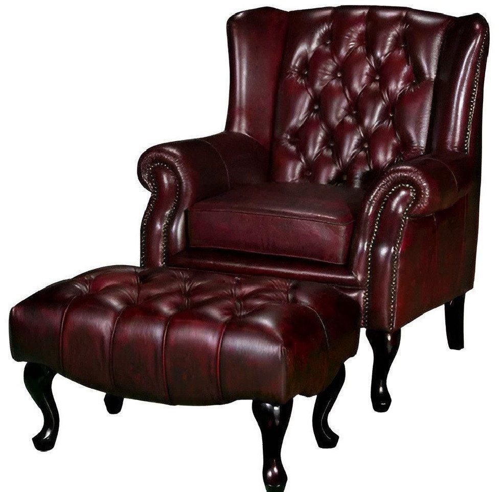 Xlmoebel Ohrensessel Chesterfield Ohrmuschelstuhl + Fußhocker Stuhl Sofa Polster Set Leder (CHESTERFIELD OHRENSESSEL + HOCKER), Hergestellt in Europa von Xlmoebel
