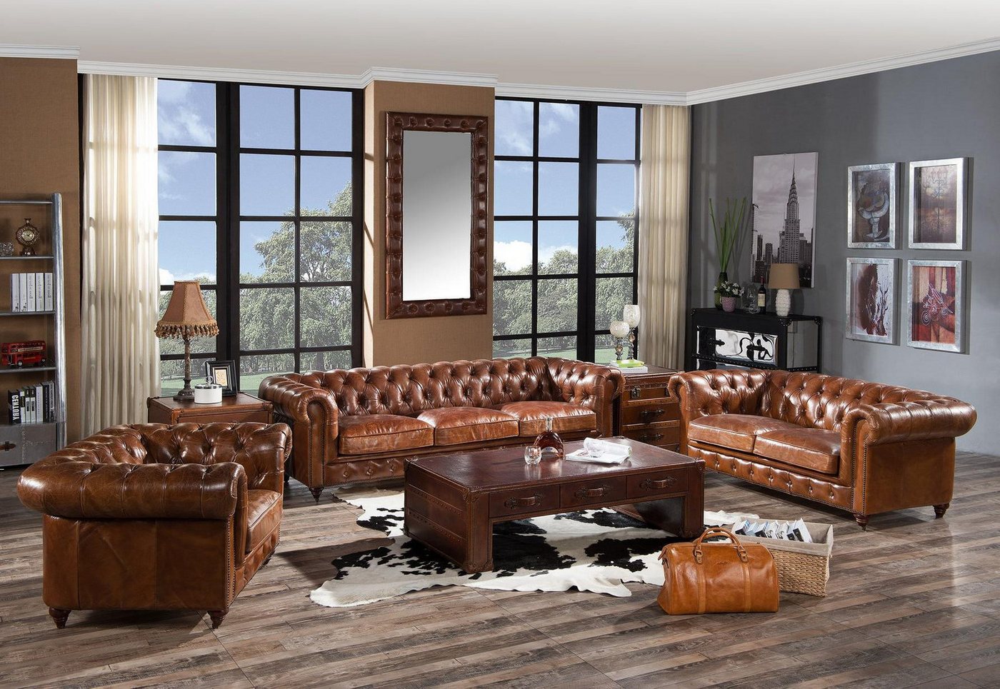 Xlmoebel Chesterfield-Sofa 4-Sitzer Ledersofa im Vintage Chesterfield-Stil vom Design Club Lounge, Hergestellt in Europa von Xlmoebel