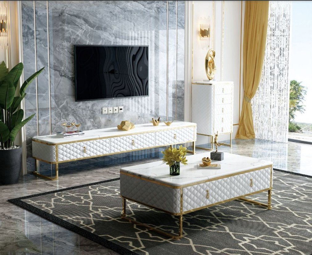 Xlmoebel Couchtisch Neu Designer Glas Marmorimitat Edelstahl Kaffeetisch Beistelltisch Set (Couchtisch), Hergestellt in Europa von Xlmoebel