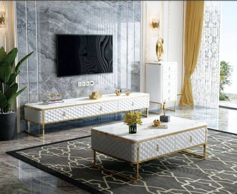 Xlmoebel Couchtisch Neu Designer Glas Marmorimitat Edelstahl Kaffeetisch Beistelltisch Set (Couchtisch), Hergestellt in Europa von Xlmoebel