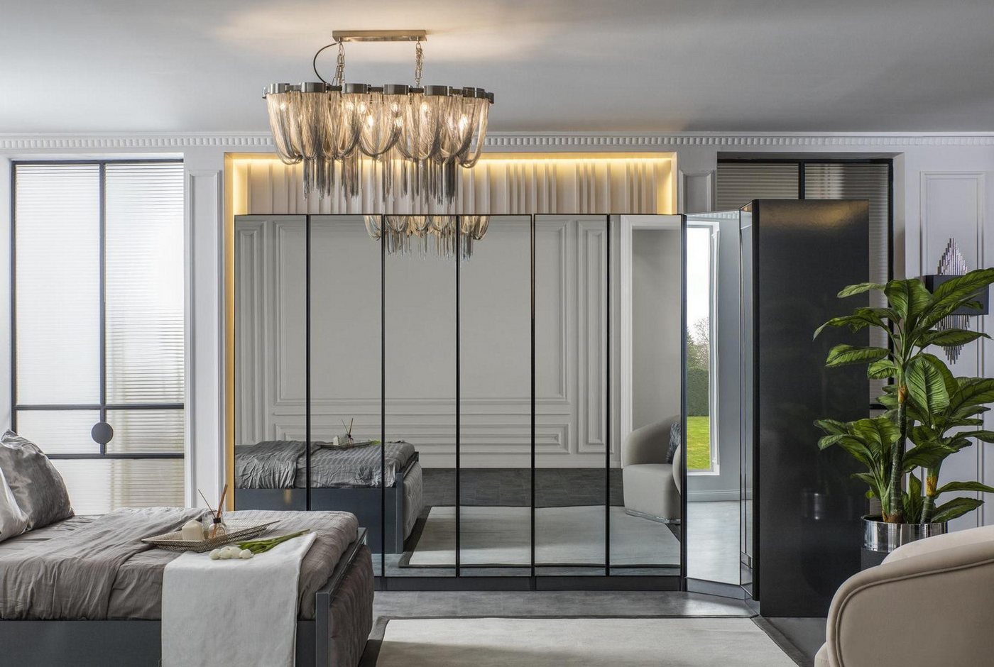 Xlmoebel Eckschrank Eleganter Eck-Kleiderschrank in Grau mit verspiegelten Türen für (Eckschrank) Hergestellt in Europa von Xlmoebel