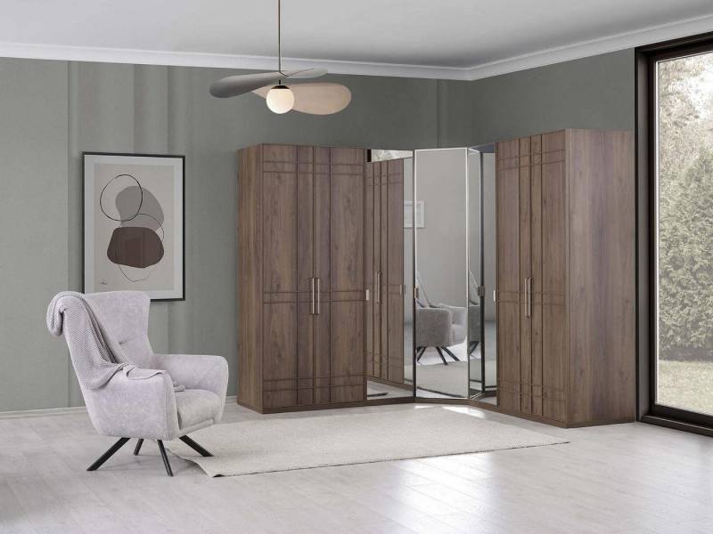 Xlmoebel Eckschrank Großer Eck-Kleiderschrank in Braun mit Holzoptik, Spiegel und 7 Türen (Eckschrank) Hergestellt in Europa von Xlmoebel