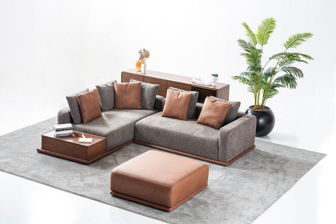 Xlmoebel Ecksofa Luxuriöse Möbel: L-förmiges Grau-Sofa mit braunem Hocker für das, Hergestellt in Europa von Xlmoebel