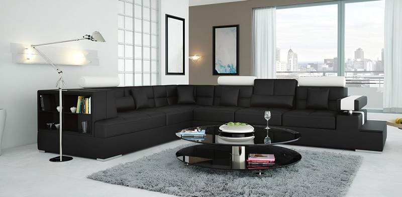 Xlmoebel Ecksofa Stylischer Tisch mit Lederbezug USB-Anschluss und Regal Schwarz/Weiß, Hergestellt in Europa von Xlmoebel