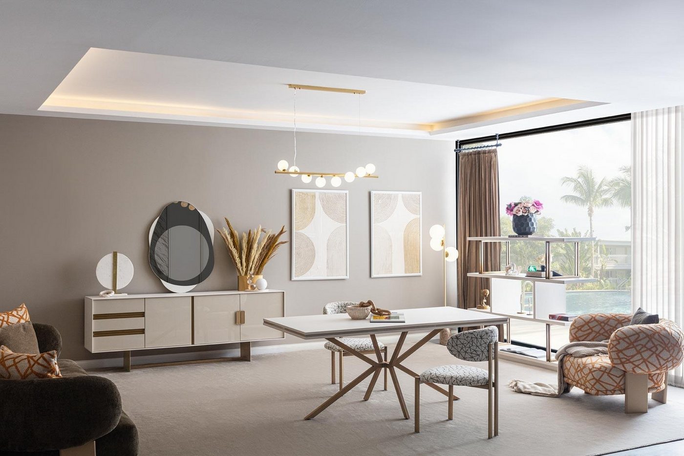 Xlmoebel Esszimmer-Set 8-teiliges Esszimmermöbel-Ensemble mit Sideboard, Esstisch, Stühlen, (7tlg Esszimmer Set (Esstisch + 4x Stühle + Anrichte + Spiegel), Hergestellt in Europa von Xlmoebel