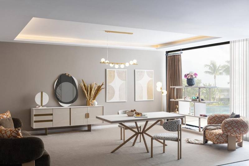Xlmoebel Esszimmer-Set 8-teiliges Esszimmermöbel-Ensemble mit Sideboard, Esstisch, Stühlen, (7tlg Esszimmer Set (Esstisch + 4x Stühle + Anrichte + Spiegel), Hergestellt in Europa von Xlmoebel