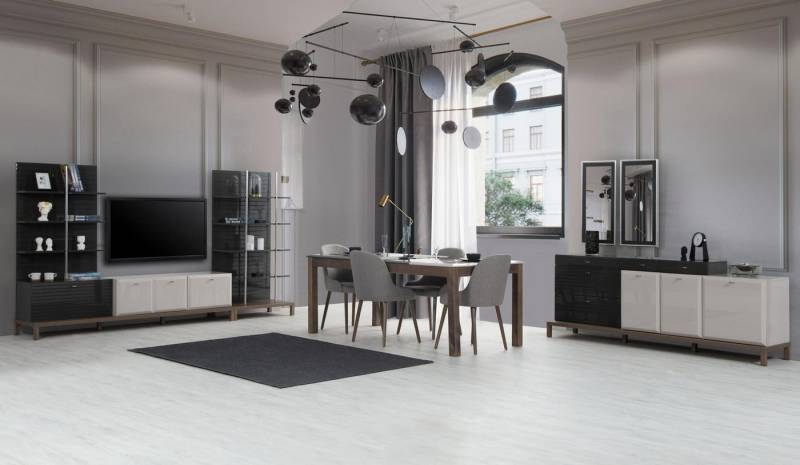 Xlmoebel Esszimmer-Set Designer Esszimmermöbel-Set mit Holztisch und vier gepolsterten, (7-St., Esstisch + 4x Stühle + Anrichte + TV), Hergestellt in Europa von Xlmoebel