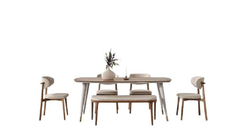 Xlmoebel Essgruppe Elegantes Ensemble Enthält Esstisch und 4x Stühle + Bank im Esszimmer, (6-tlg., 6tlg.Esszimmer Set(Esstisch+4x Stühle+Bank), Hergestellt in Europa von Xlmoebel